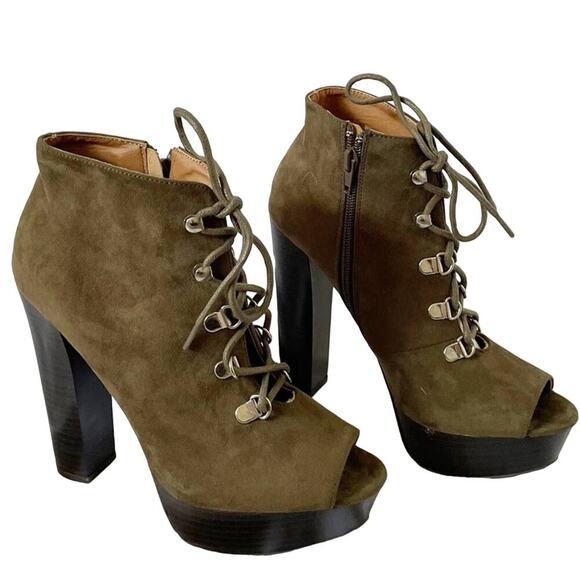 Qupid Enclose Suede Peep Toe Chunky Heel Platform Zip Lace Up Bootie Size 7 - Picture 1 of 14